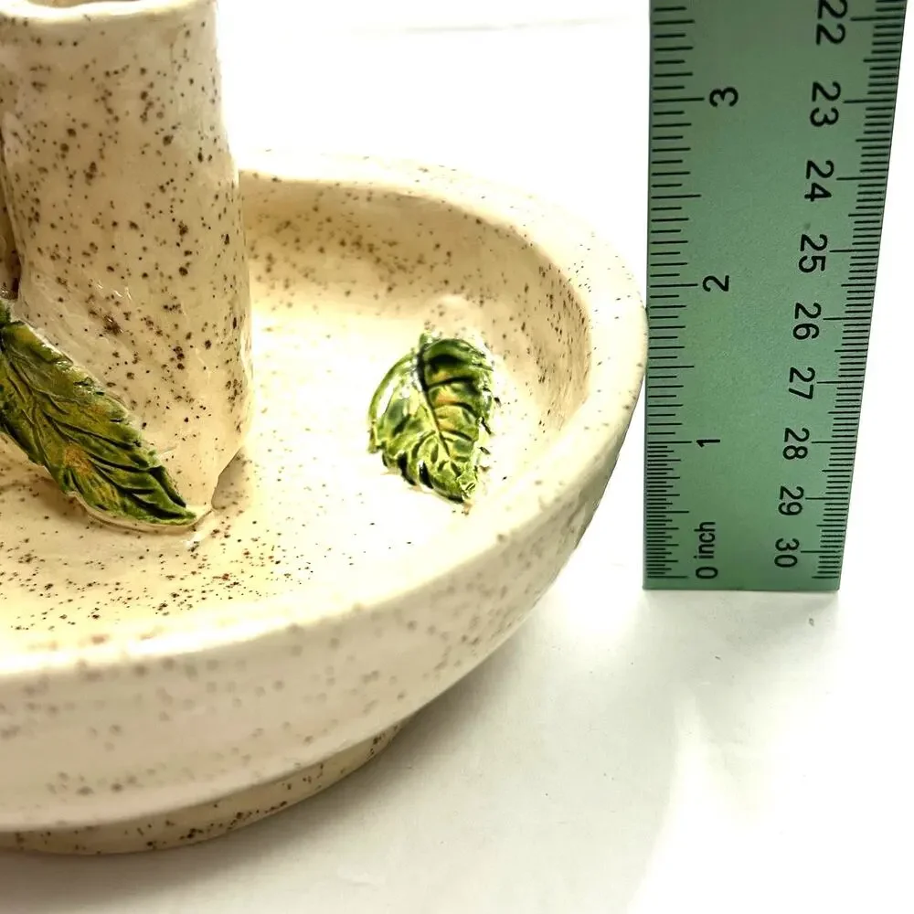 Handmade Ikebana Speckled Glaze Pottery Vase Lady Bugs‎ Leaves Unsigned